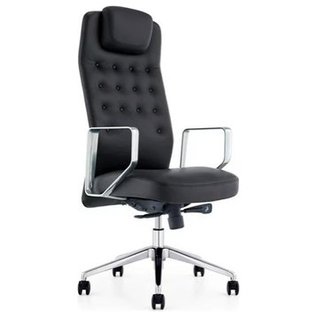 Modern Office Chair, Chrome Frame With Black PU Seat & Button Tufted High Back