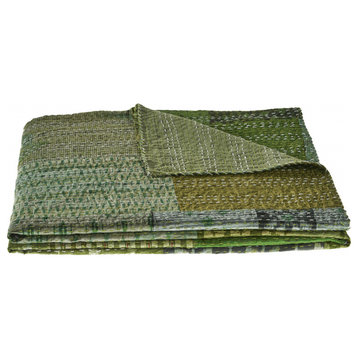 Green Knitted Silk Patchwork Throw Blanket