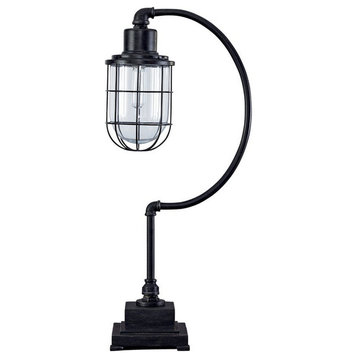 Benzara BM227215 Metal Desk Lamp with Block Base and Glass Shade, Black