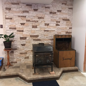 Wood Stove Accent Wall with Vanilla Bean Stacked Stone