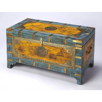 Nador Hand-Painted Brass Inlay Storage Trunk Coffee Table, Blue