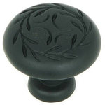 Stone Mill Hardware - Stone Mill Hardware -Meadow Brook Matte Black Leaf Cabinet 1 1/4" Knob - Matte black finish. Round knob with a branch and leaves engraved around the top circling a smaller engraved design. Solid, high-quality cabinet hardware.