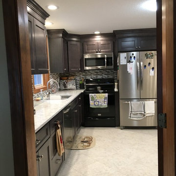 Transitional Grey Stain Kitchen Remodel w/ Iceland Linear Mosic tile backsplash