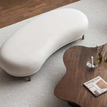 Modern White Bench Upholstered Bench Curved Bench with Metal Legs