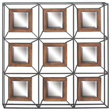 Contemporary Iron and Fir Wood Grid Wall Mirror