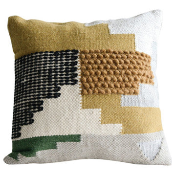 Handwoven White Wool Kilim Pillow With Yellow, Green/Black Accents