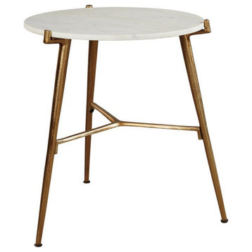 Benzara BM227082 Round Marble Top  Accent Table Metal Legs, Gold and White