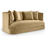 Meridian Furniture - Alder Upholstered Chair, Camel, Velvet, Loveseat - The Alder camel velvet upholstered loveseat is an invitation to relax. Its rounded silhouette and soft velvet upholstery create a cozy and inviting space, perfect for sharing moments with a loved one. Whether you're hosting or enjoying a quiet night in, this loveseat brings both comfort and style to any room.