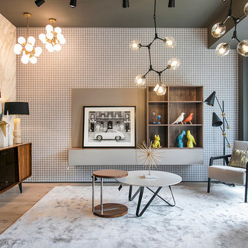 Salón con mueble TV y papel pintado