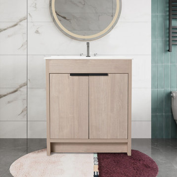 Freestanding Bathroom Vanity, Light Oak, 30 in, With White Ceramic Sink