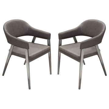Set of 2 Dining/Accent Chairs, Gray Leatherette With Brushed Steel Leg