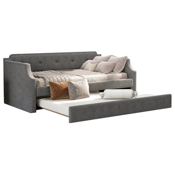 Upholstered Daybed with Trundle, Wood Slat Support(No mattress), Gray