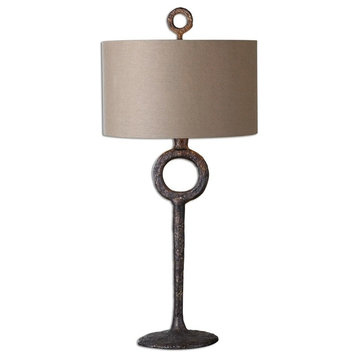 Rustic Hammered Cast Iron Textured Ring Table Lamp 35 in Minimalist Bronze Metal