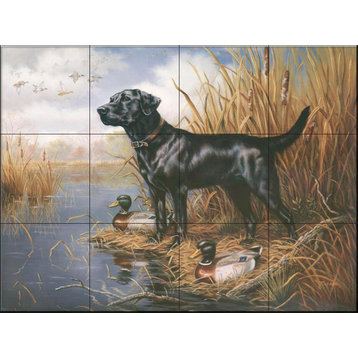 Tile Mural, Black Lab With Decoys by Judy Gibson