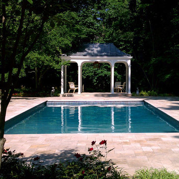 Tumbled Travertine Pool Deck and Bullnosed Pool Coping