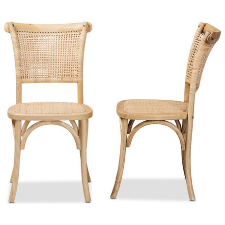 Baxton Studio Fields Brown Woven Rattan and Wood 2-Piece Cane Dining Chair Set