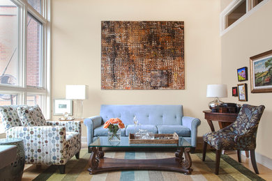 Example of a mid-sized trendy open concept carpeted living room design in Dallas with beige walls