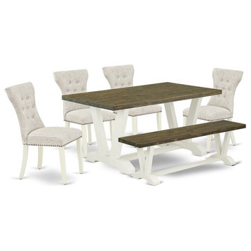 East West Furniture V-Style 6-piece Wood Dining Set in Linen White/Doeskin