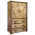 Montana Woodworks - Homestead Collection Armoire/Wardrobe, Stain and Clear Lacquer Finish - This rustic, handcrafted armoire will bring rustic charm into any room of your home. The armoire can be used for a variety of purposes from wardrobe storage to securely displaying your television monitor or display. Made from solid, American grown wood, the edge glued panels utilized in the armoire and other Montana Woodworks  furniture is nicely complimented by genuine lodge pole pine accents. Two doors conceal a large (appx. 39W x 21D x 40H) storage area. The three drawers each measure 33" W x 17" D and feature full extension, ball bearing drawer slides for years of trouble free use. A one-inch removable dowel spans the width of the inside to allow for hanging of clothing. Comes fully assembled. a 20-Year limited warranty is included at no additional charge. Hand crafted in Montana U.S.A. using genuine lodge pole pine!
