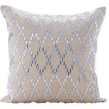Ivory Decorative Pillow Shams 24"x24" Velvet, Crystal Argyle
