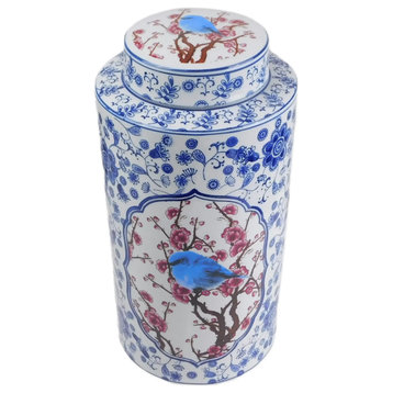 Red White and Blue Bird Porcelain Canister Jar With Lid, 16"