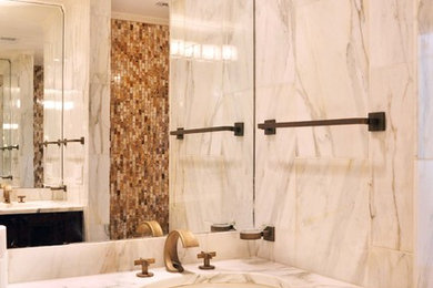 Inspiration for a transitional white tile and stone tile bathroom remodel in Atlanta