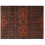 Bareens Designer Rugs - Southwestern Khurgeen Orville Blue/Rust Wool Rug - 6'6'' x 9'8'' - Designed with a mesmerizing intricate transitional and geometric motif this glorious hand knotted rug made with handspun Ghazni wool is a masterpiece that will fill any space with sophistication and grace. Hand knotted by skilled artisans in an exhilarating color pallet with an elaborate design, this masterpiece features luxurious hand spun wool with all vegetable dyes to add comfort and style to your decor. The design, color, and beautiful chromatic composition with a sheen in transitional and geometric designs, exude beauty, elegance and quality make this rug an extraordinarily opulent center piece for your living space. The intricate designs known as Khurgeen, Khorgeen or Khorjin range are inspired by the patterns from ancient tribal bags. An infusion of bold, saturated color gives this traditional hand-knotted rug a fresh perspective and modern appeal. Most desired due to its versatility in design and affordability this handmade rug is in a compelling focal point in any living area.