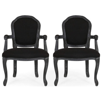 Set of 2 Dining Chair, Cabriole Legs & Fabric Seat With Padded Arms, Black/Grey