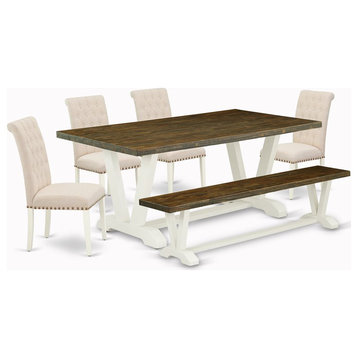 East West Furniture V-Style 6-piece Wood Dining Set in White/Light Beige