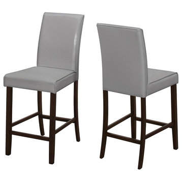 Dining Chair, Set Of 2, Counter Height, Pu Leather Look, Wood Legs, Grey, Brown