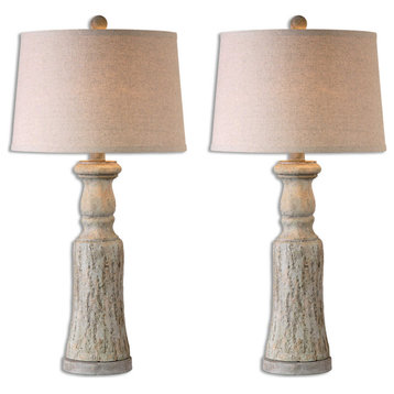 Distressed Aged Ivory Gray Antique Style Table Lamp Round Pillar, Set of 2