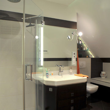 die Ganzglasdusche mit Waschtisch und WC