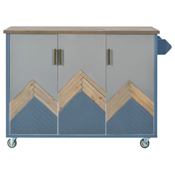 Oak Kitchen Cart, Drop Leaf, Towel Holder, and Internal Storage Rack, Navy Blue