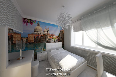 Свежая идея для дизайна: хозяйская спальня среднего размера в современном стиле с белыми стенами, светлым паркетным полом и бежевым полом - отличное фото интерьера