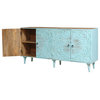 Manteca Floral Hand Carved Turquoise 4 Door Long Buffet Sideboard