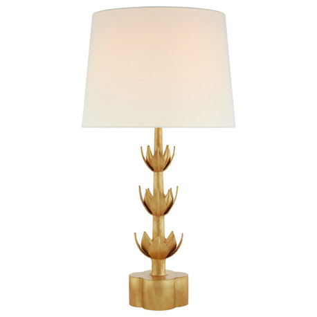 Alberto Large Triple Table Lamp in Antique Gold Leaf with Linen Shade