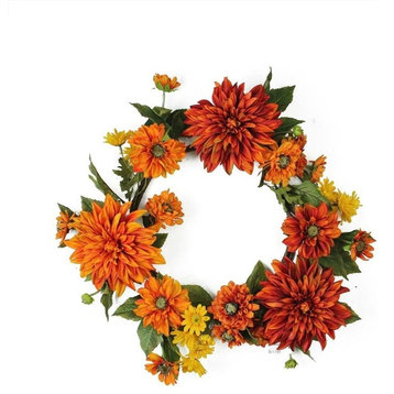 22" Autumn Harvest Orange Mums and Yellow Daisies Floral Wreath, Unlit