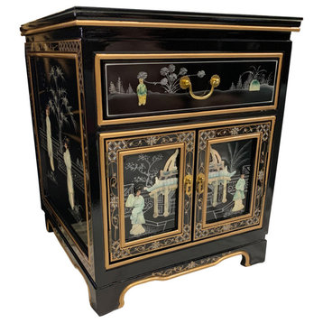 Oriental Black Lacquer End Table With Mother of Pearl, 20"