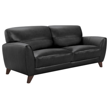 Jedd Contemporary Sofa, Genuine Black Leather With Brown Wood Legs
