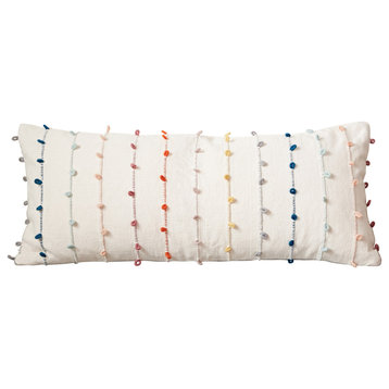 White Cotton Pillow With Multicolor Embroidered Loop Stripes, Lumbar Pillow