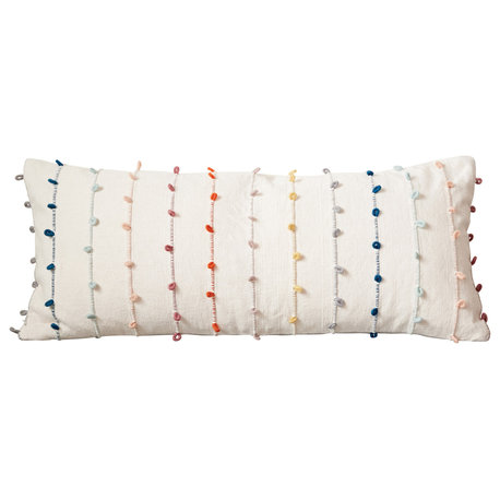 White Cotton Pillow With Multicolor Embroidered Loop Stripes, Lumbar Pillow