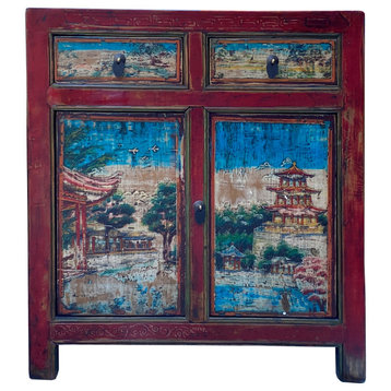 Chinese Distressed Red Blue Old Scenery Graphic Credenza Cabinet Hcs7393