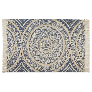 French Blue Printed Natural Hand-Loomed Shag Rug 4x6 ft.