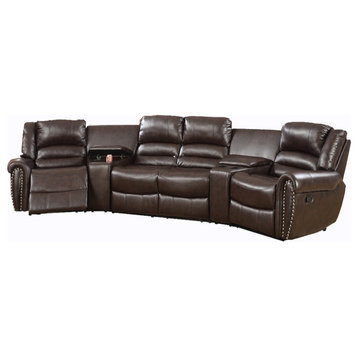Benzara BM166732 Bonded Leather Motional Home Theater 5 Piece Sectional Brown