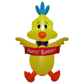 5' Tall Chick Holding Easter Banner, Outdoor/Indoor Inflatable With Lights