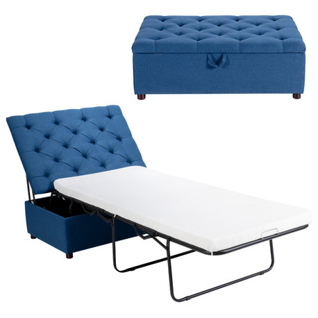 Costway Folding Ottoman Sleeper Bed with Mattress Convertible Guest Bed Blue