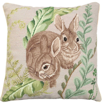Throw Pillow Needlepoint Rabbits 18x18 Chocolate Brown Cotton Velvet