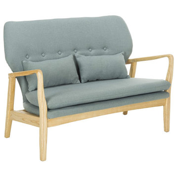 Modern Settee Loveseat, Elm Wood Frame and Blue Polyester Upholstered Seat