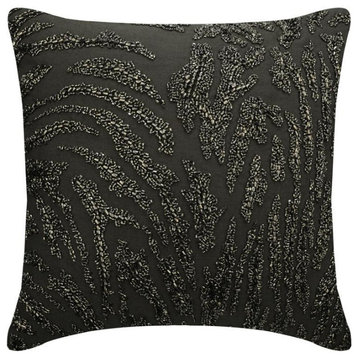 Designer 20"x20" Beaded Charcoal Gray Linen Throw Pillow Covers, Raving Night