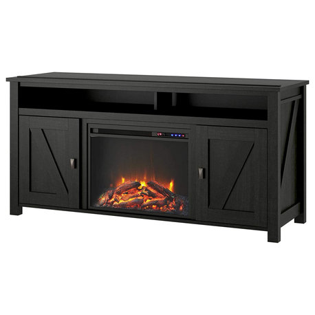 Contemporary TV Stand, Side Storage Cabinets and Electric Fireplace, Black Oak